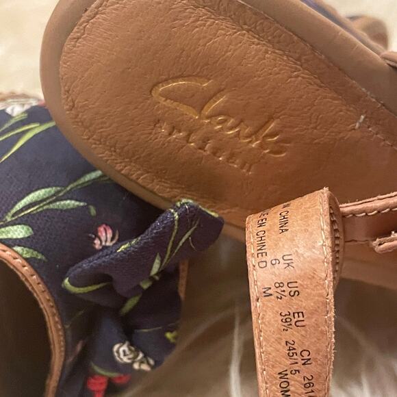 Clarks 8.5 Amelia Joyce Wedge Sandals | Navy Floral Cork Platform, Rare New NWT - Picture 9 of 13